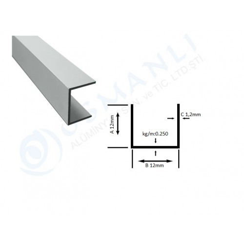 Alüminyum U profil 12mm X 12mm X 12mm X 1.2mm Alüminyum U profil 12mm X 12mm X 12mm X 1.2mm